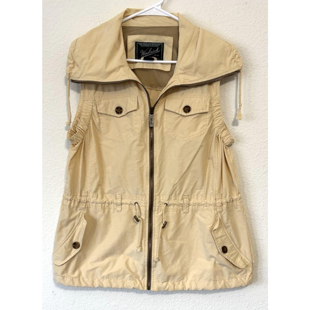 Woolrich Utility‎ Vest Hooded Zip Up Beige Women's L Y2K Outdoor Cabincore